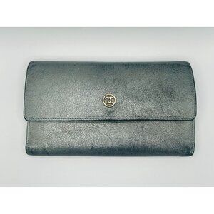 Chanel Metallic Grey Leather Long Wallet with‎ CC Logo COA
